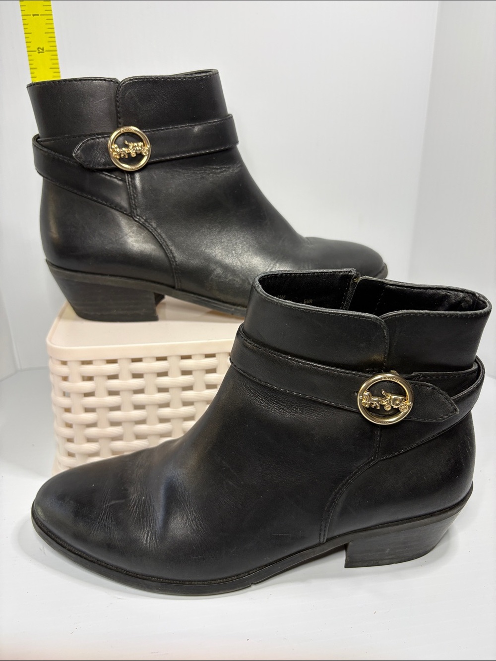 Coach 7 Women's Black Leather Ankle Booties with Gold Accent.  Box 26‎